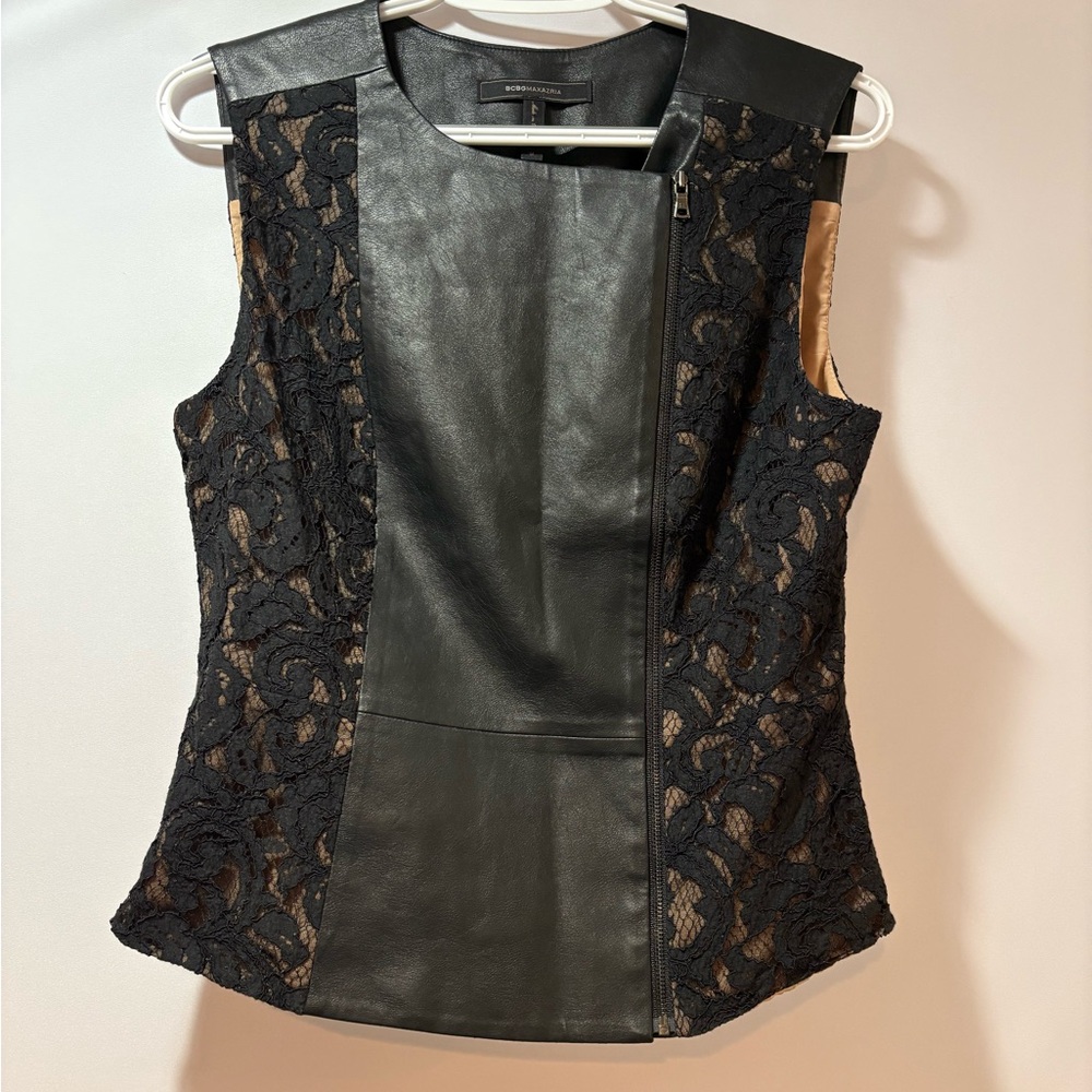 BCBGMaxAzria Black Lace and Faux Leather Vest - Picture 2 of 5